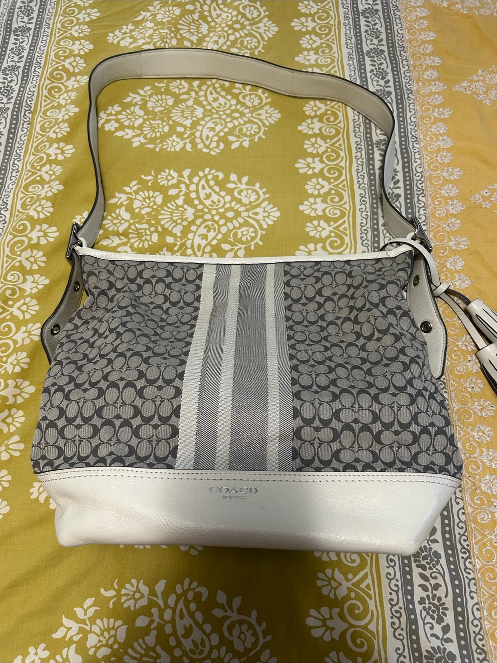 Coach Gray and White Signature Stripe Shoulder Bag. Like New!